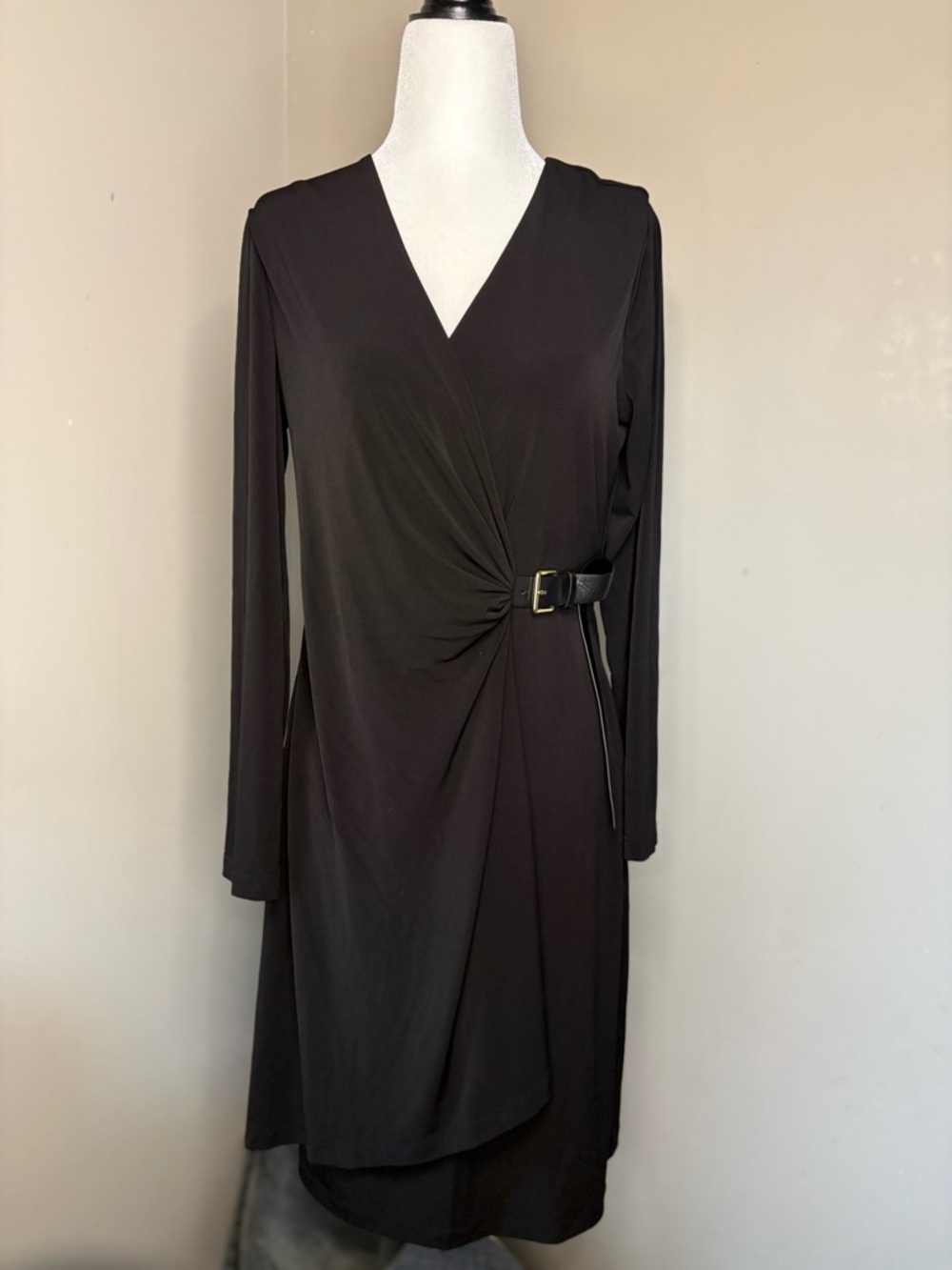 Calvin Klein Black Long-Sleeve Wrap Dress with Side Buckle